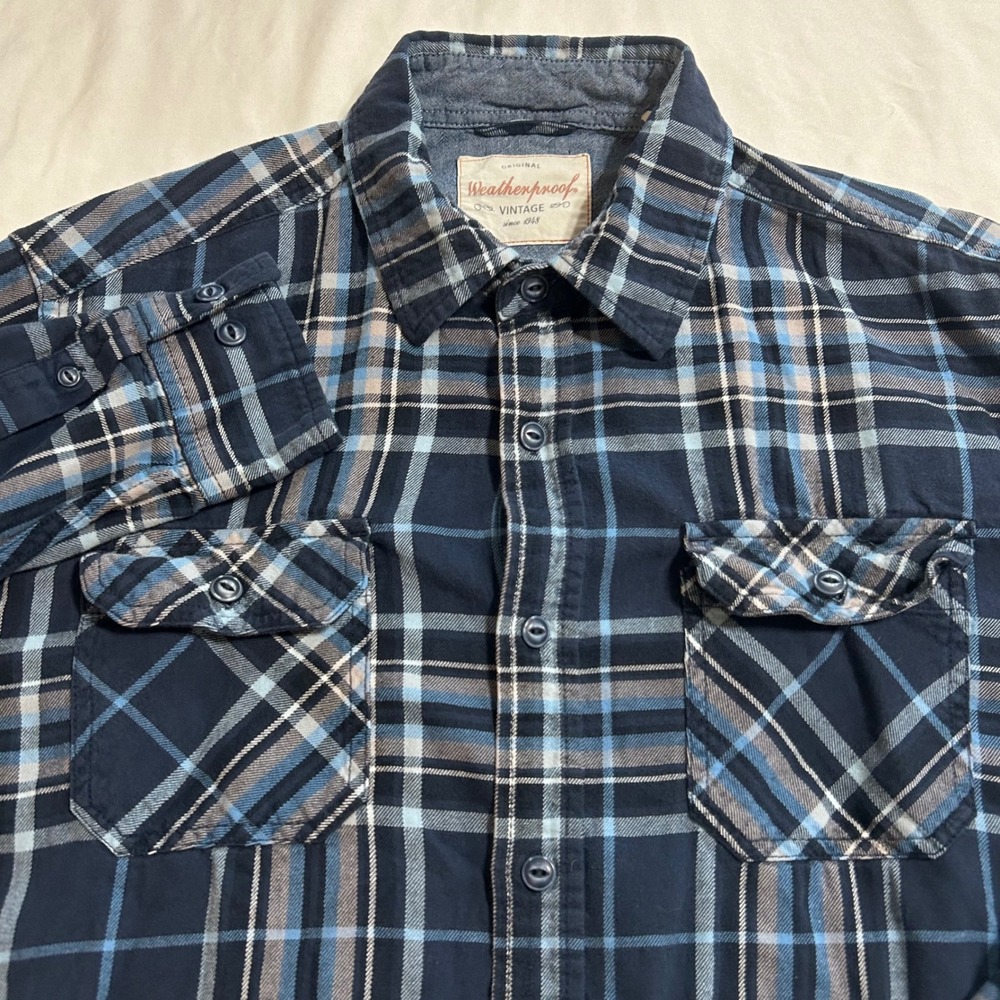 Weatherproof Vintage Mens Large Blue Plaid Flannel Button Down Shirt 966330